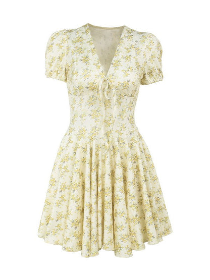 Vestido corto con escote en V profundo y mangas cortas abullonadas con estampado floral francés en amarillo