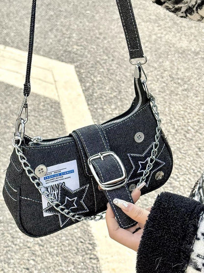 Black Y2K Denim Shoulder Bag with Patched Star