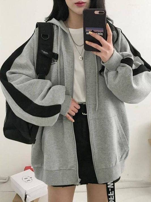 Grey Retro Oversized Zipper Hoodie