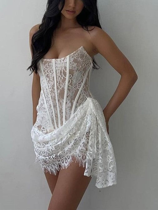 Lace Mesh Off Shoulder Irregular Hem Dresses