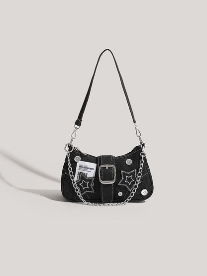 Black Y2K Denim Shoulder Bag with Patched Star