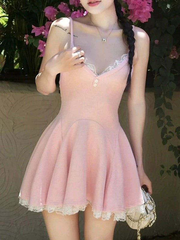 Sweet Lace Splicing A line Mini Dress