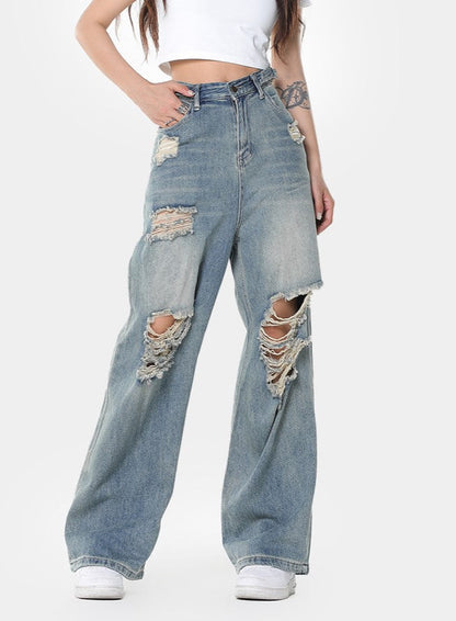 Blue Vintage Distressed Wide Legged Ripped Jeans