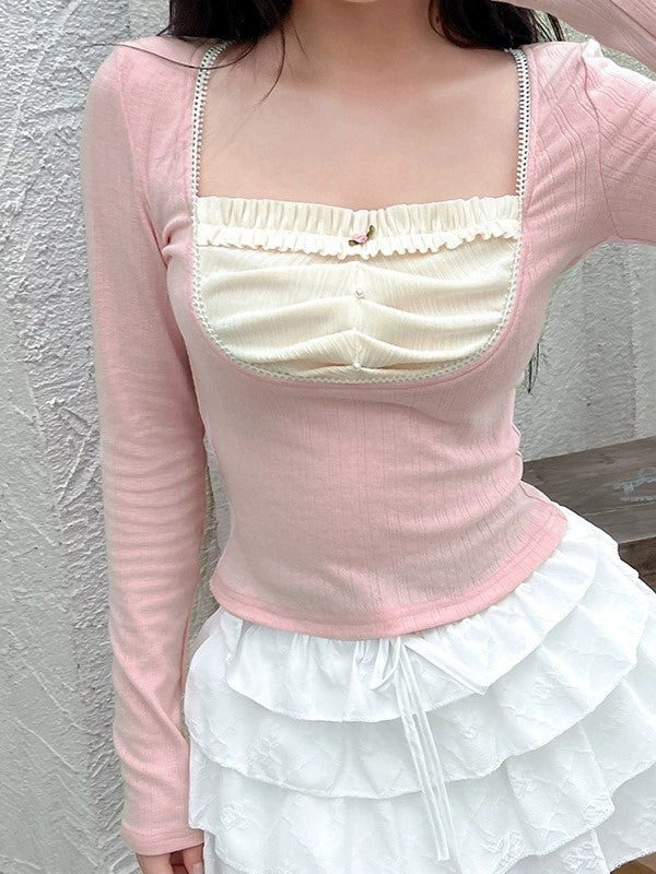 Ruffles Pearl Patchwork Mock Two Piece Knit Top