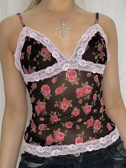 French Rose Print Lace Patchwork Cami Top