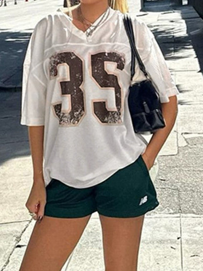 White Retro Oversized Letter Print Short Sleeve Top