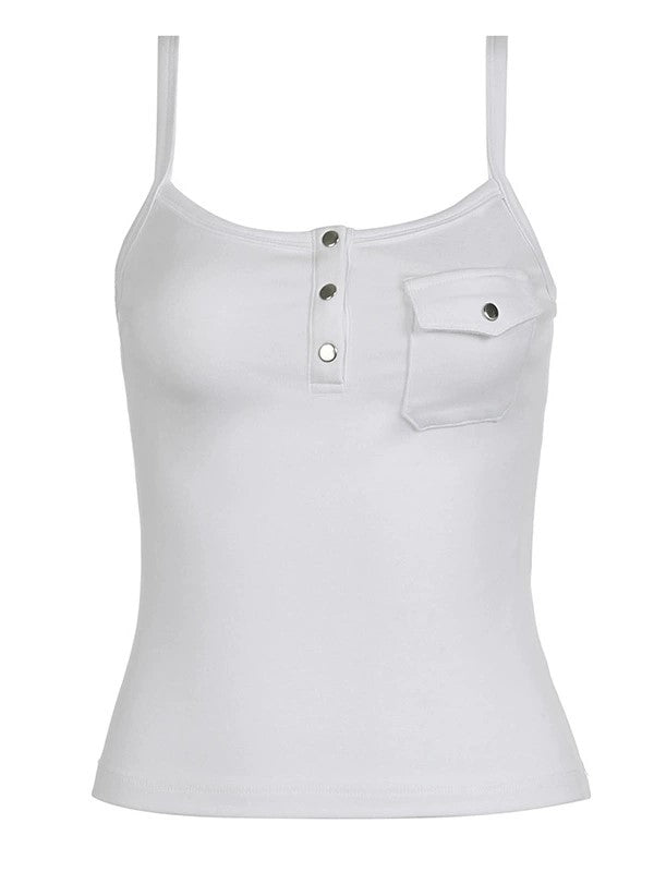 White Vintage Bottons Front Tank Top with Pocket