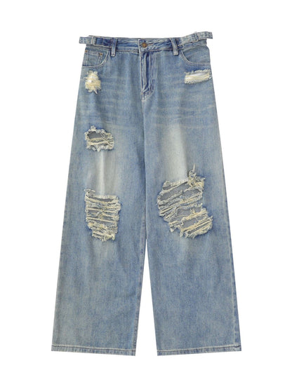 Jeans rasgados de pierna ancha y desgastada vintage azul