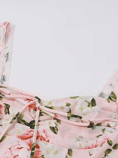 French Floral Tie Up Slim Cami Maxi Dress