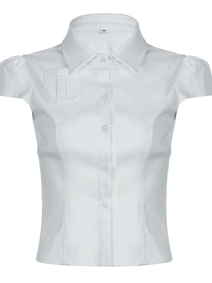 Blusa blanca vintage con bolsillos delanteros y botones