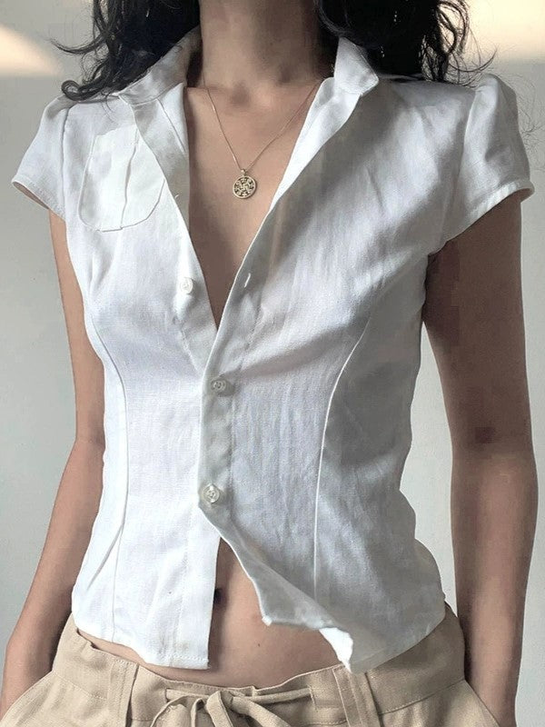 White Vintage Button Front Pocket Blouse