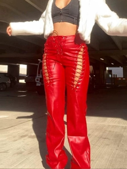 Vintage Cutout Detail PU Leather Pants