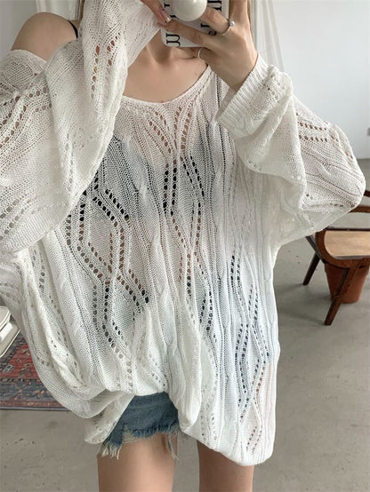 Vintage Knit Hollow Out Backless Long Sleeve Blouse