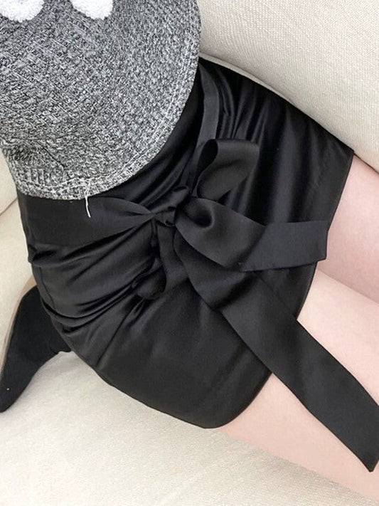 Black Sweet Bow Tie Satin Mini Skirt