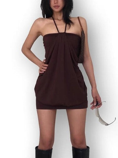 Brown Vintage Halter Off Shoulder Mini Dress