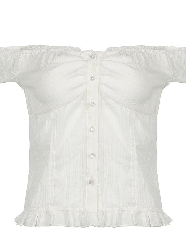 French Lace Trimmed Off Shoulder Button Front Blouse