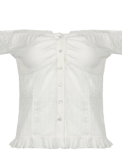 French Lace Trimmed Off Shoulder Button Front Blouse