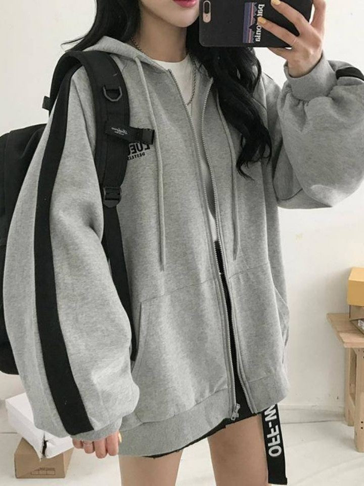 Grey Retro Oversized Zipper Hoodie