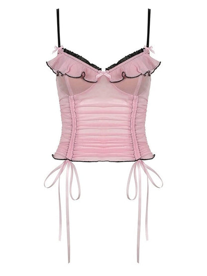 Pink Y2K Drawstring Tie Up Bow Mesh Cami Top