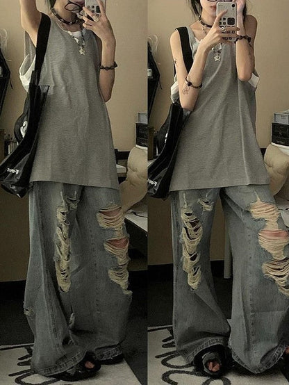 Grey Vintage American Style Sleeveless Tank Top