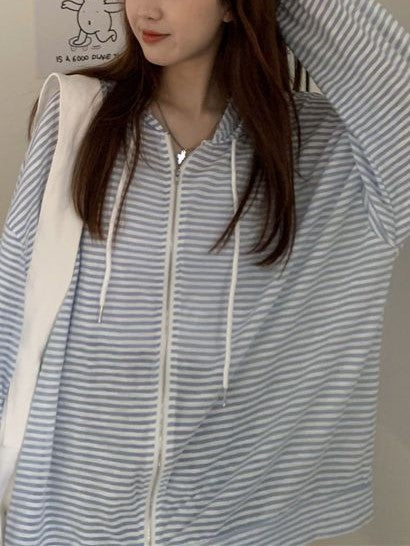 Zip Up Hoodie with Drawstring and Stripes