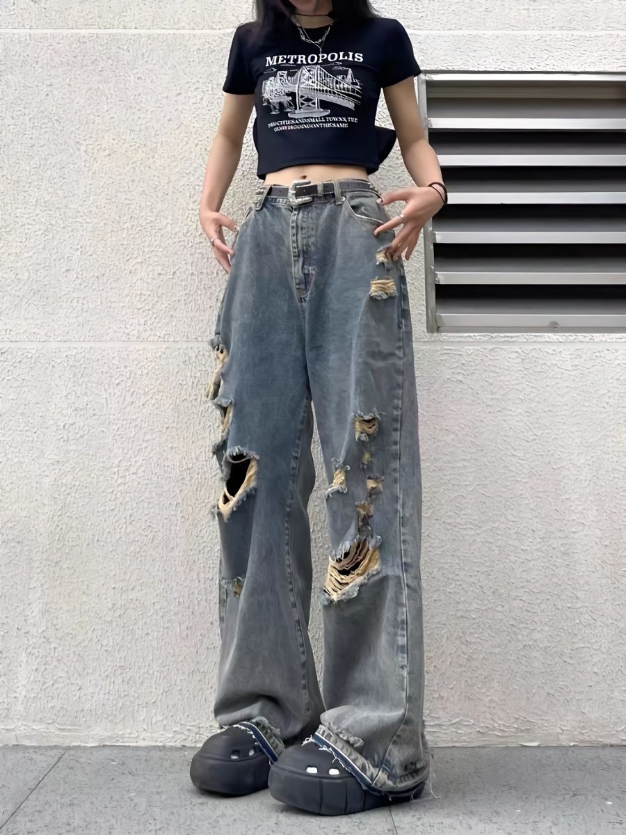 Blue Hip Hop Distressed Ripped Boyfriend Jeans