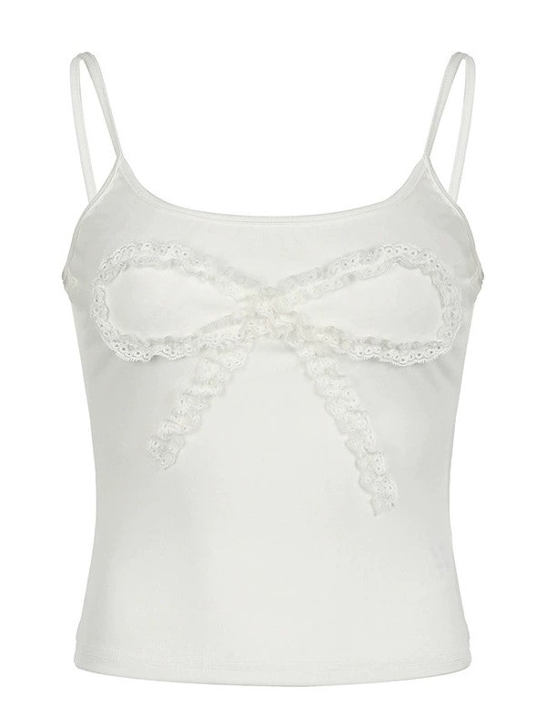 White Lace Bow Splicing Cami Top