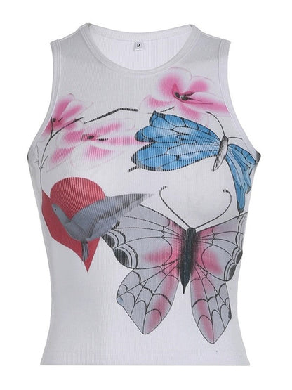 Camiseta sin mangas entallada con estampado floral y mariposas vintage