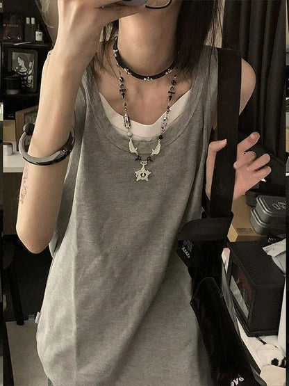 Grey Vintage American Style Sleeveless Tank Top