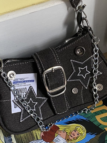 Bolso de hombro de mezclilla Y2K negro con estrella parchada