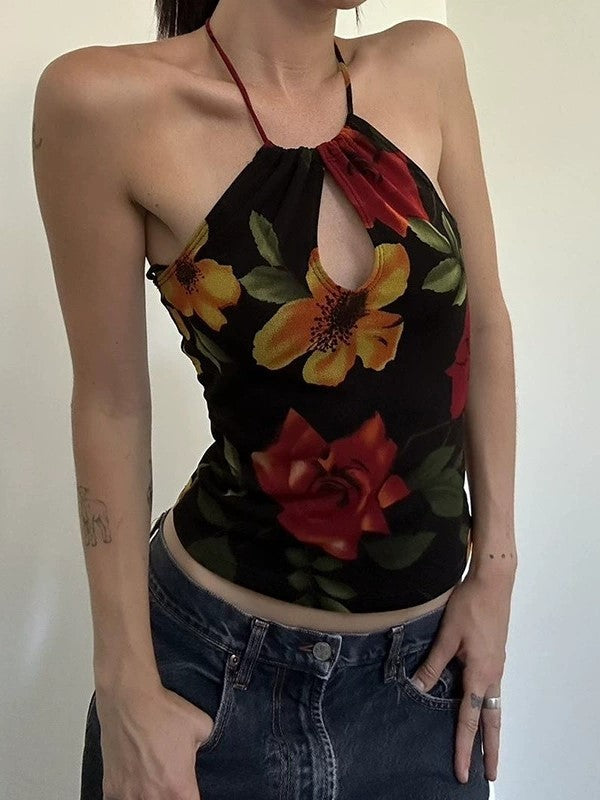 Top camisola calado con estampado floral vintage