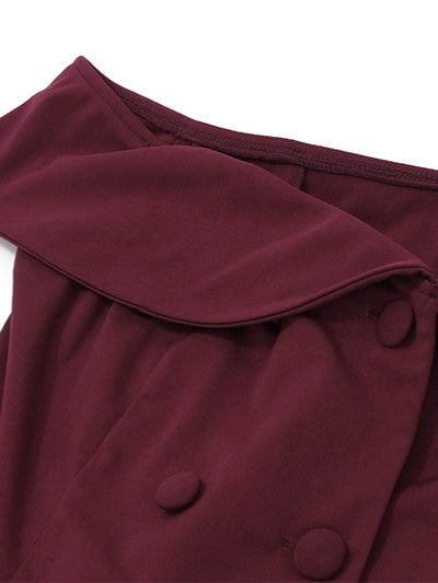 Burgundy Vintage Off Shoulder Button Up Top & Mini Skirt Set