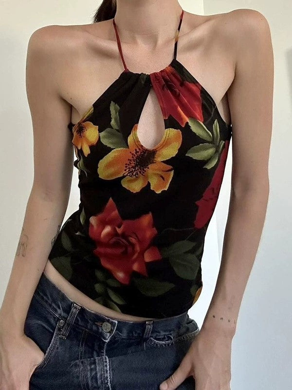 Vintage Floral Print Hollow Out Cami Top