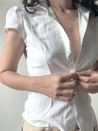 White Vintage Button Front Pocket Blouse