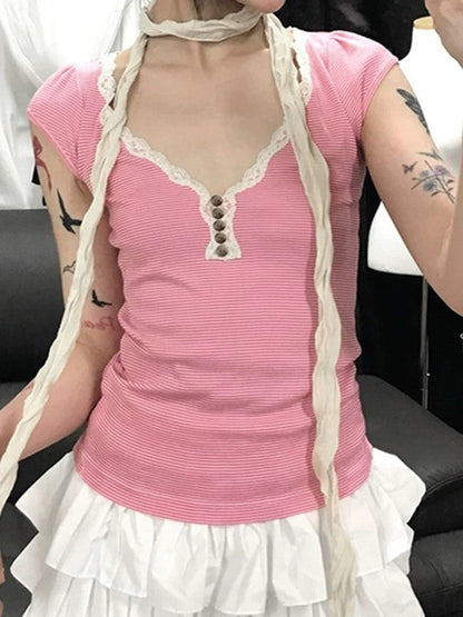 Pink Y2K Striped Lace Trim Button Up Short Sleeve Top