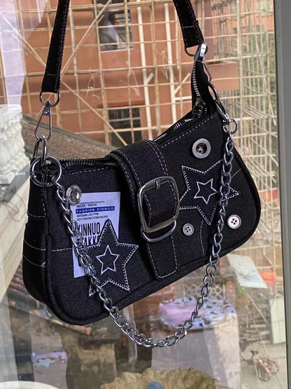 Black Y2K Denim Shoulder Bag with Patched Star