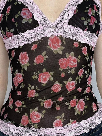 French Rose Print Lace Patchwork Cami Top