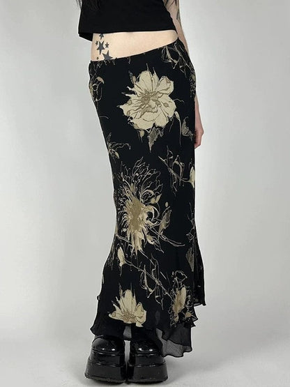 Vintage Floral Print Low Waist Maxi Skirt