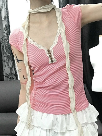 Pink Y2K Striped Lace Trim Button Up Short Sleeve Top