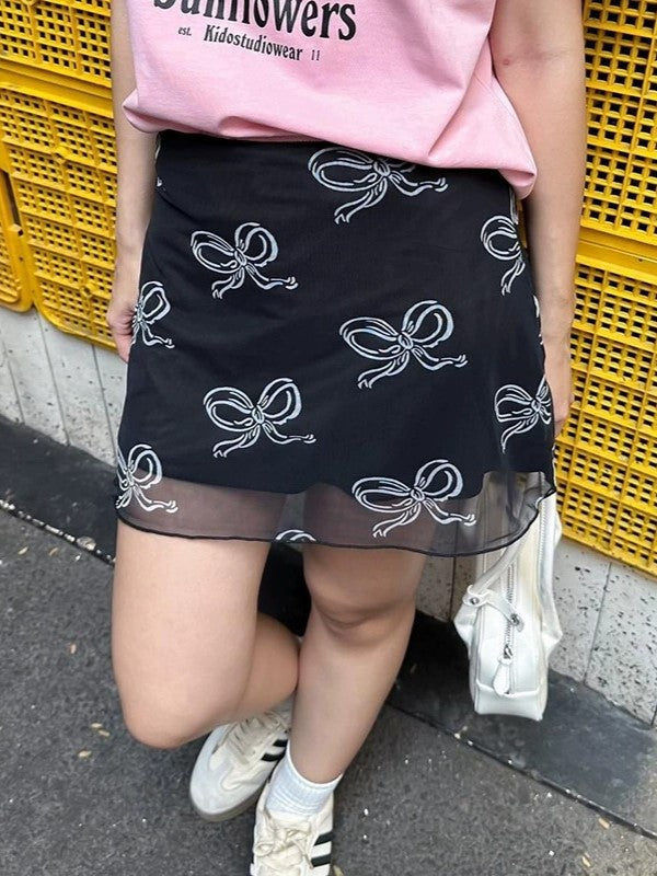 Black Y2K Bow Printed Mesh Mini Skirt