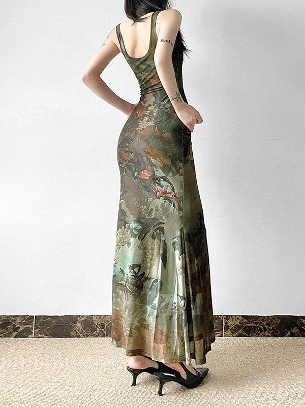 Vintage Botanical Printed Slim Fit Midi Dress