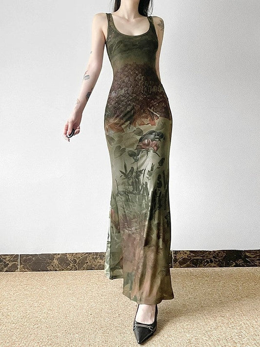 Vintage Botanical Printed Slim Fit Midi Dress