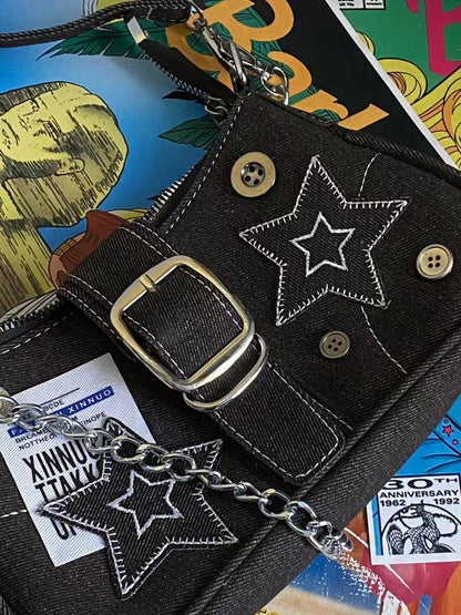 Bolso de hombro de mezclilla Y2K negro con estrella parchada