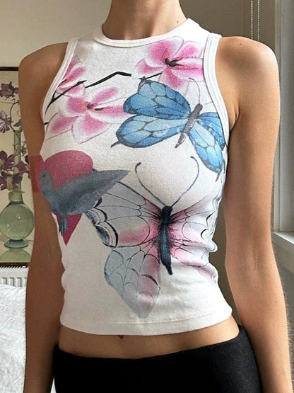 Camiseta sin mangas entallada con estampado floral y mariposas vintage