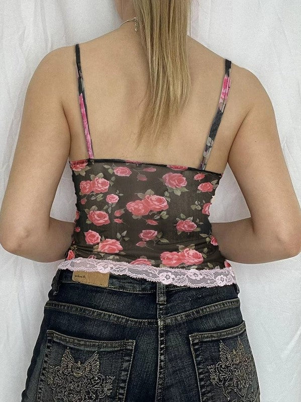 French Rose Print Lace Patchwork Cami Top