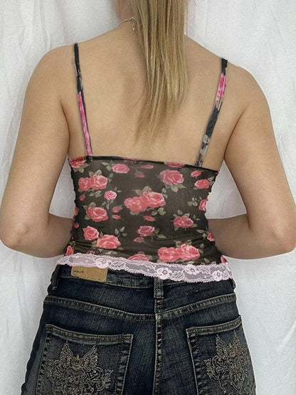 Top de tirantes con patchwork de encaje y estampado de rosas francesas