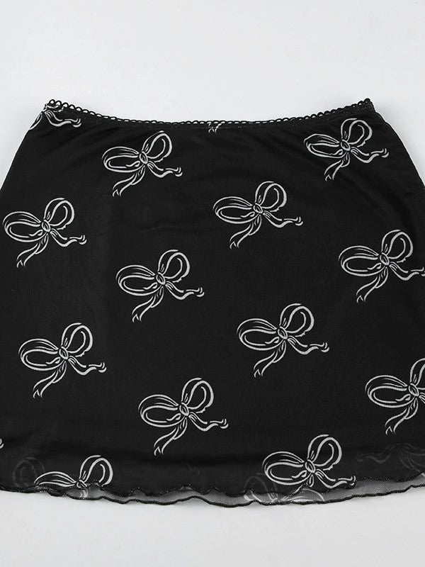 Black Y2K Bow Printed Mesh Mini Skirt