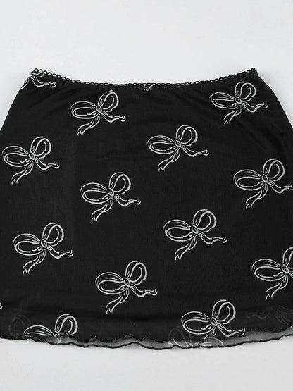 Minifalda de malla con estampado de lazo Y2K en color negro