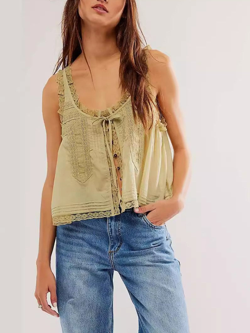 Solid Color Hollow Out Ruffle Cardigan Tank Top