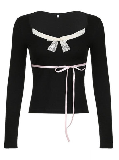 Black Lace Trimmed V Neck Ribbon Long Sleeve Top